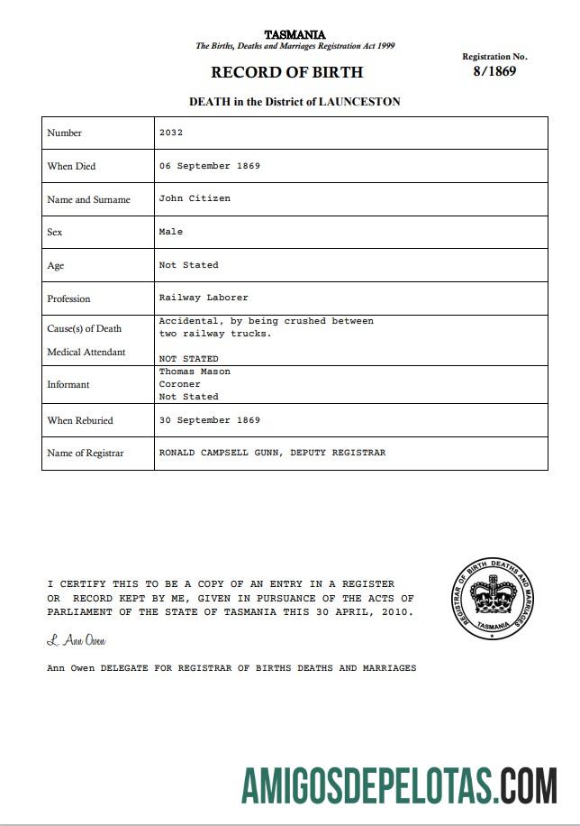 Para baixar modelo de certidão de óbito da Austrália Tasmânia no Word